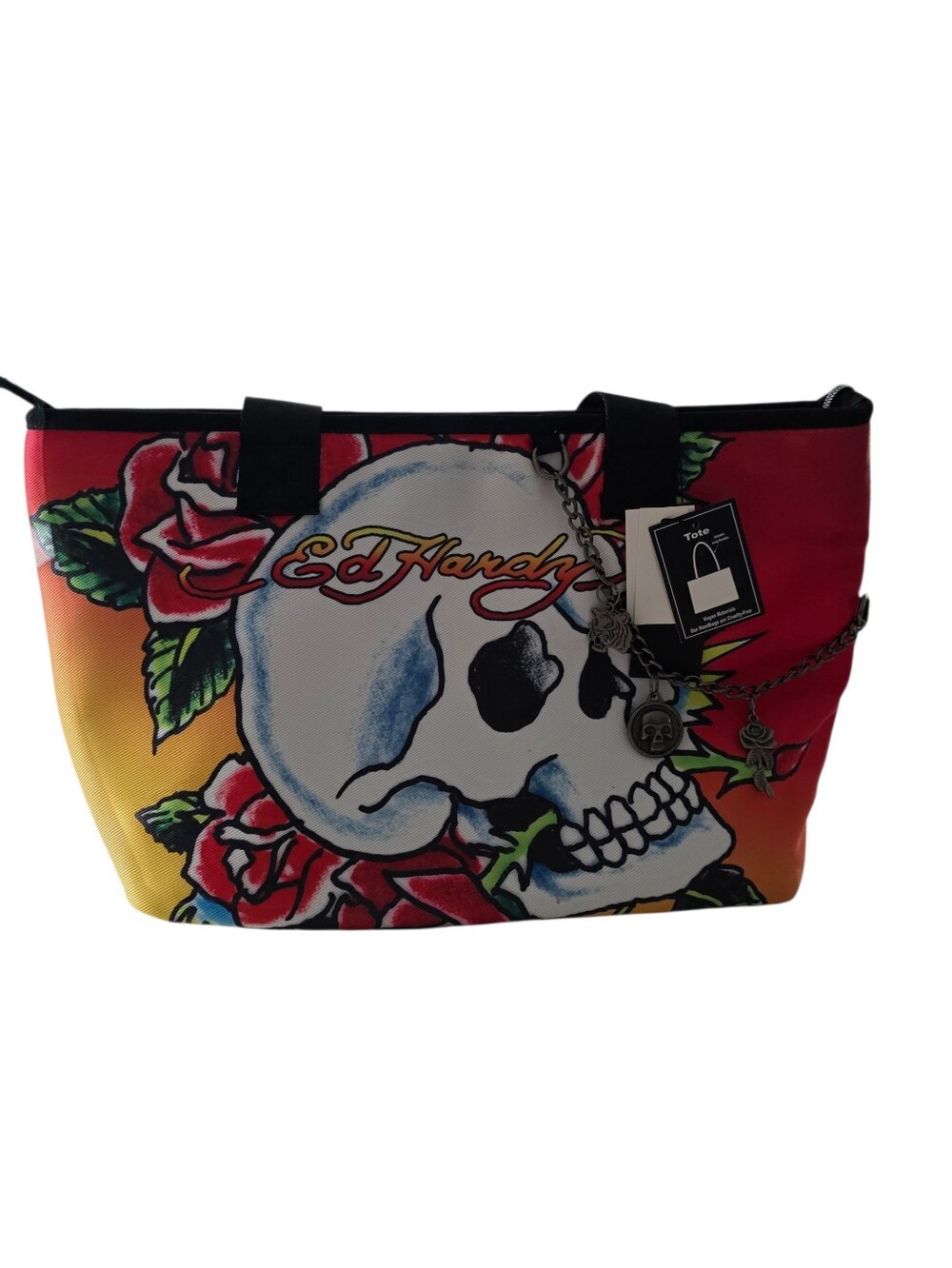 Ed Hardy Tote Bold Skull Red  Roses Graphics Vibrant Colors
